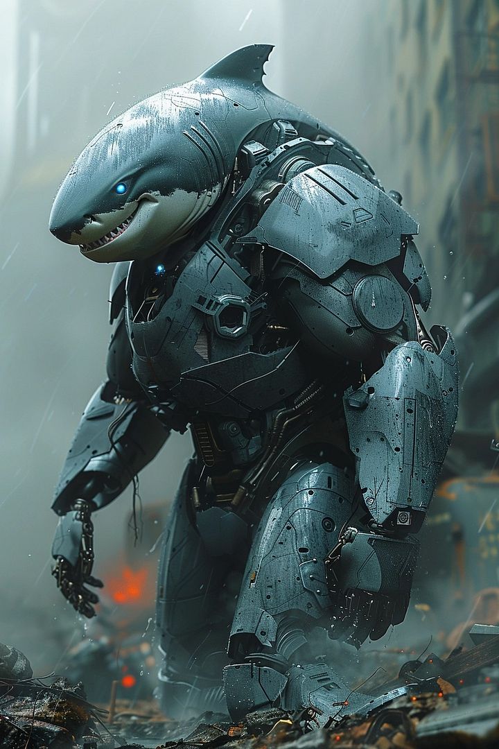 Cyborg shark warrior in style of metal gear solid