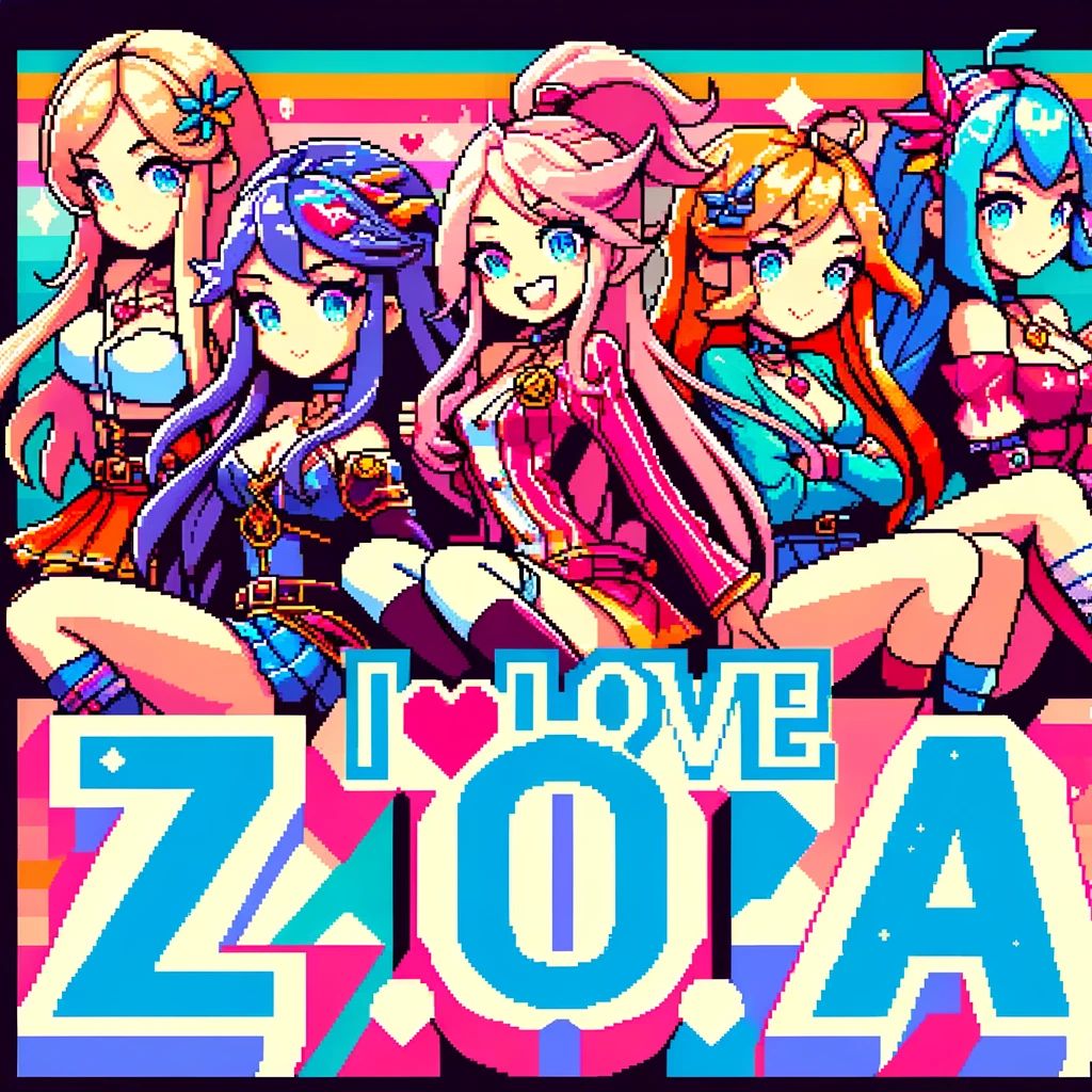 DALL·E 2024-04-03 15.01.17 - Create a pixel art featuring anime girls, with vibrant colors and dynamic poses. Include the text 'I love Zora' prominently in the design. The style s