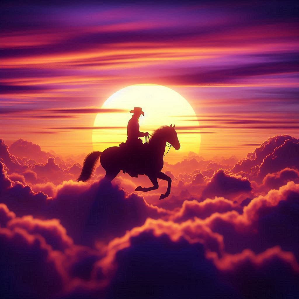 Cowboy riding into the sunset