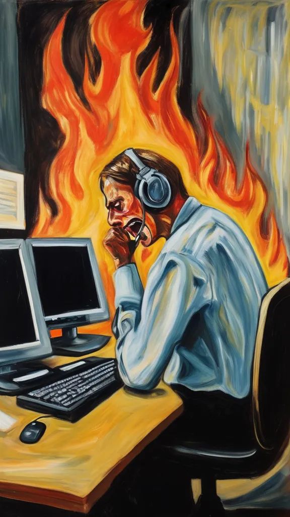 A man in an office cubicle surrounded by flames, panicked