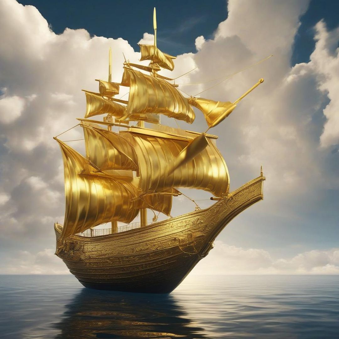 gold ship floating on the sky