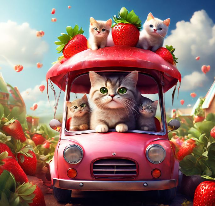 A cat in a small strawberry car with a umbrella in the cats