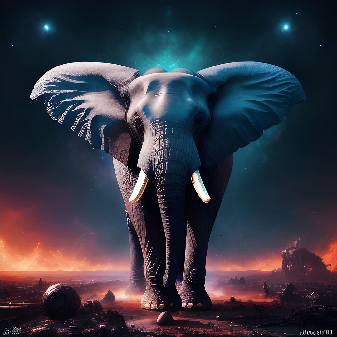 Elephant, depicting a cosmic cataclysm, apocalyptic chaos and splintering galaxies