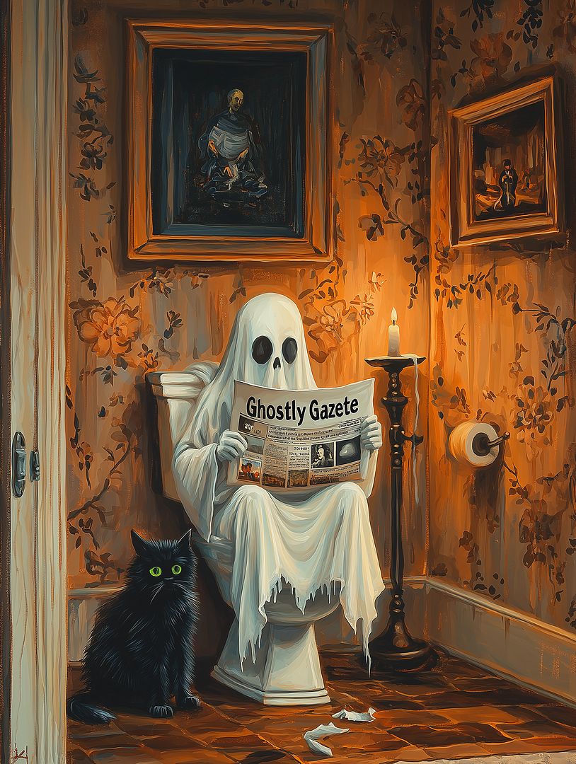 a ghost sits on the toilet and reads a newspaper, the cat is on guard