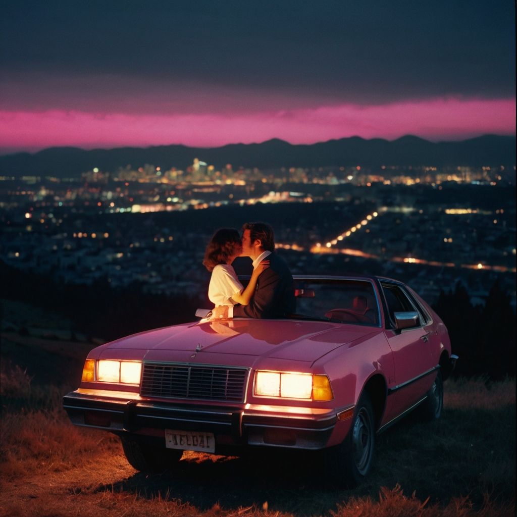 A car parked on a hilltop overlooking a city at night