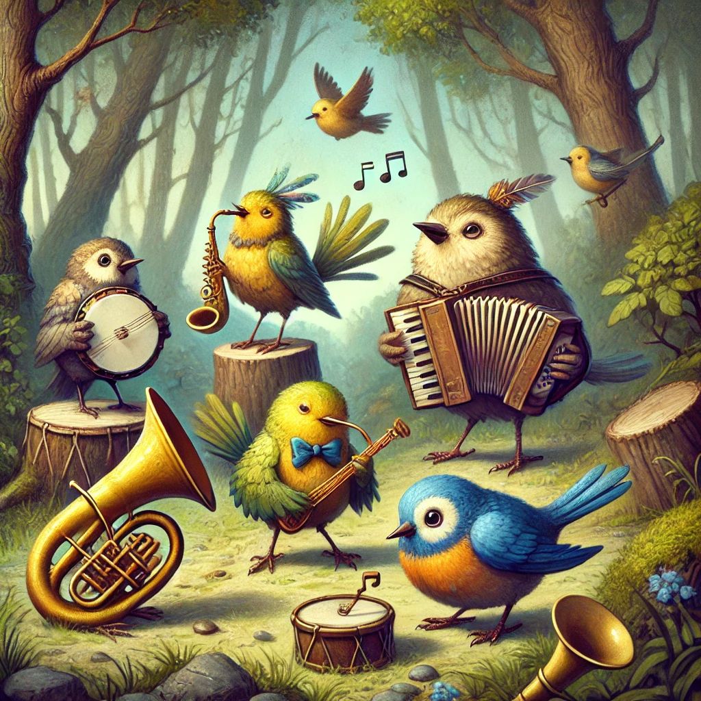 38_group of whimsical birds playing musical instruments in a forest clearing