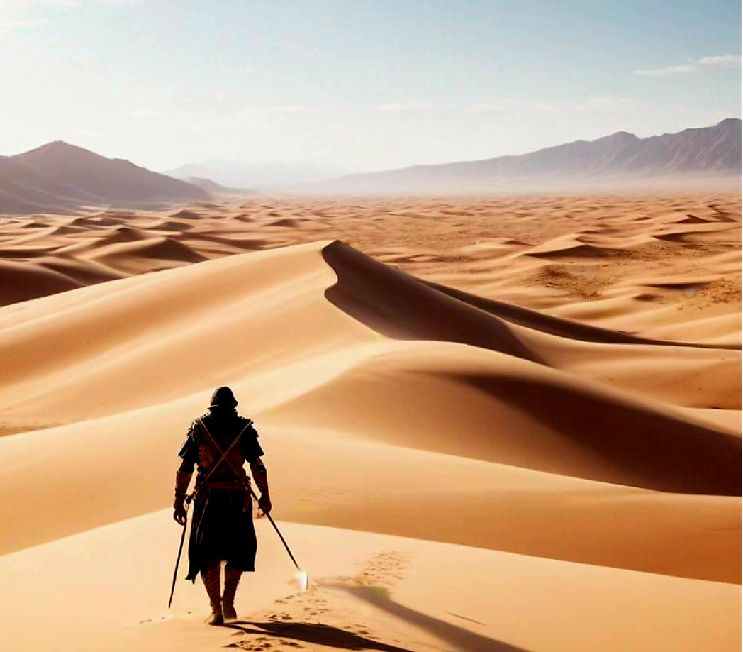 a warrior walking in the desert