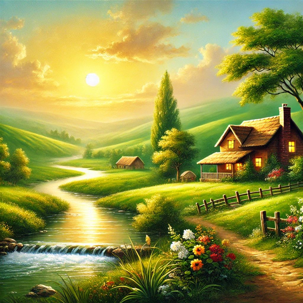 A peaceful countryside with rolling green hills and a quaint cottage at sunset