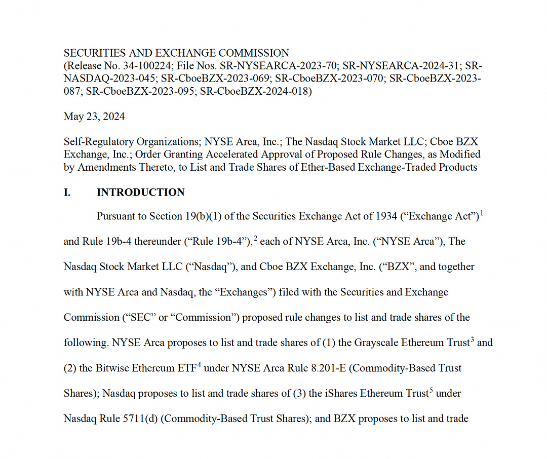 SECURITIES AND EXCHANGE COMMISSION (Release No. 34-100224; File Nos. SR-NYSEARCA-2023-70; SR-NYSEARCA-2024-31; SR-NASDAQ-2023-045; SR-CboeBZX-2023-069; SR-CboeBZX-2023-070; SR-CboeBZX-2023-087; SR-CboeBZX-2023-095; SR-CboeBZX-2024-018)