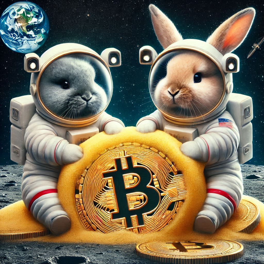 "B" on the moon with rabbits.