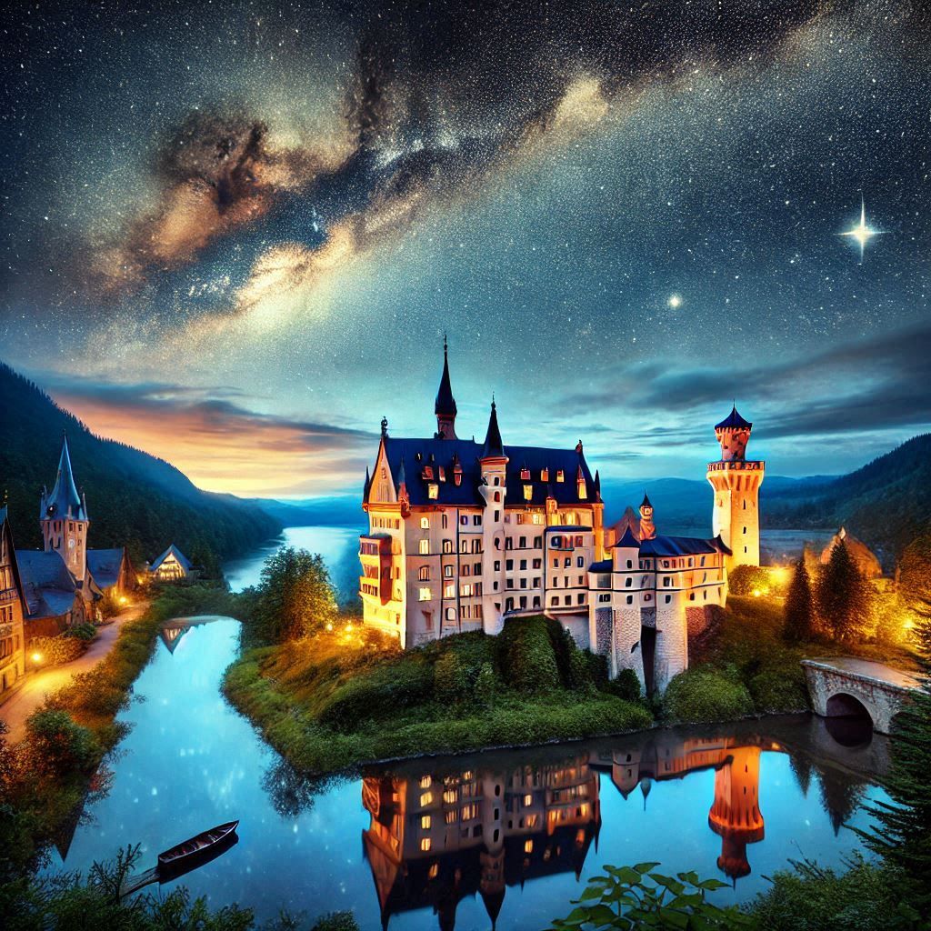 A castle by the lake and a starry sky