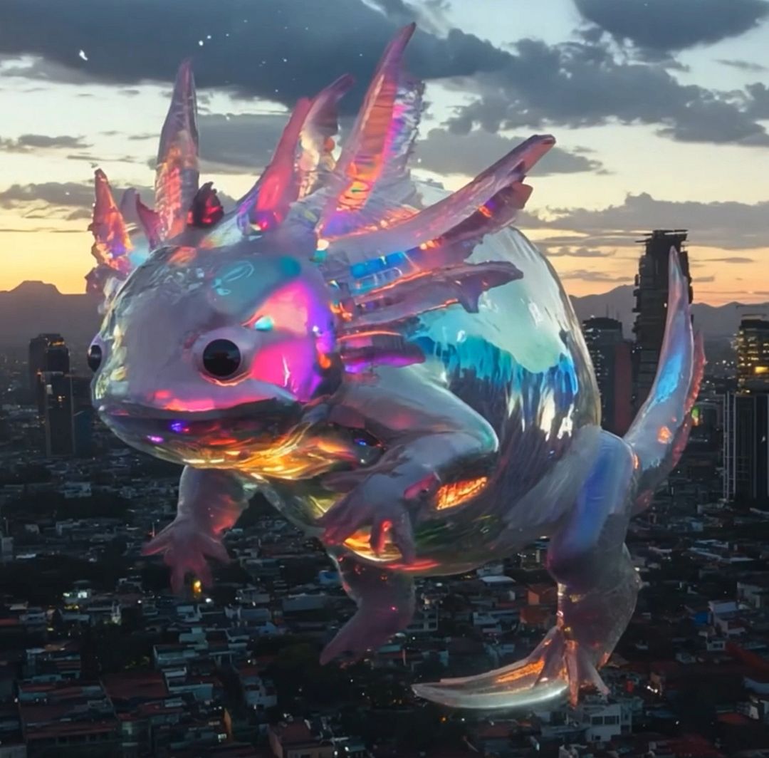 Flying giant iridescent axolotl