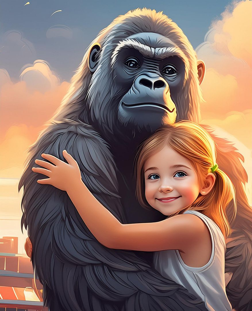 abstract vision of a small Happier girl hugging a gorilla, hyperrealistic eyes, overcast sky (2)