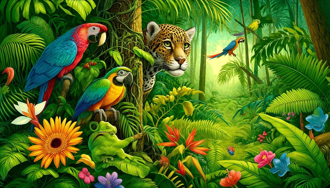 DALL·E 2024-05-14 21.49.56 - A vibrant rainforest scene with various animals hiding among the dense foliage. Include a jaguar partially concealed behind a large tree, a chameleon