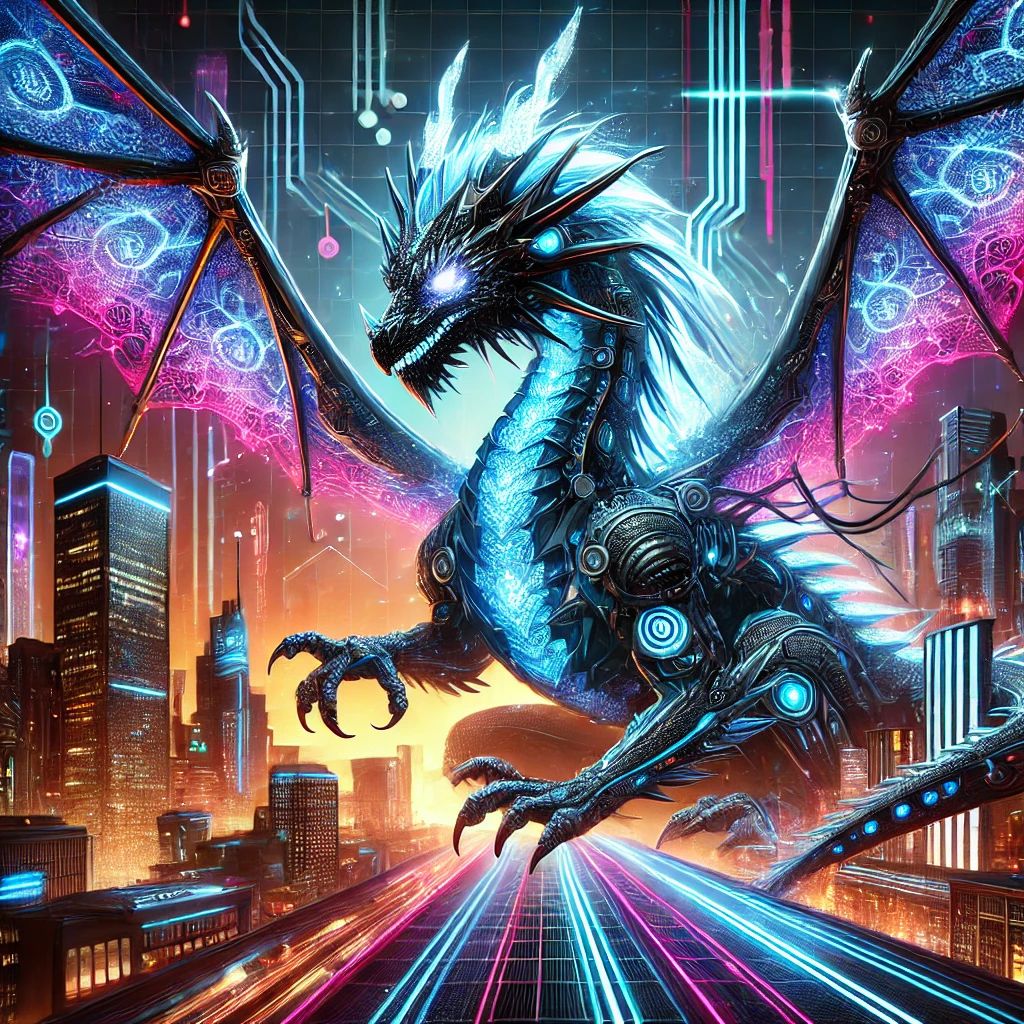 A cyber-dragon with glowing scales and mechanical wings.