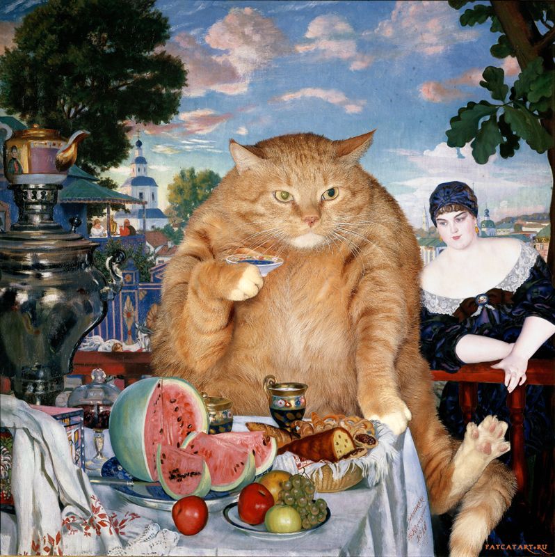 kustodiev_boris_-_merchants_wife_at_tea_-cat-w