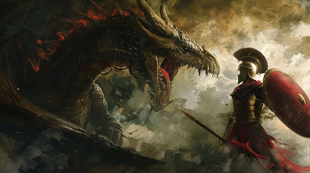 spartan from 300 fighting a dragon