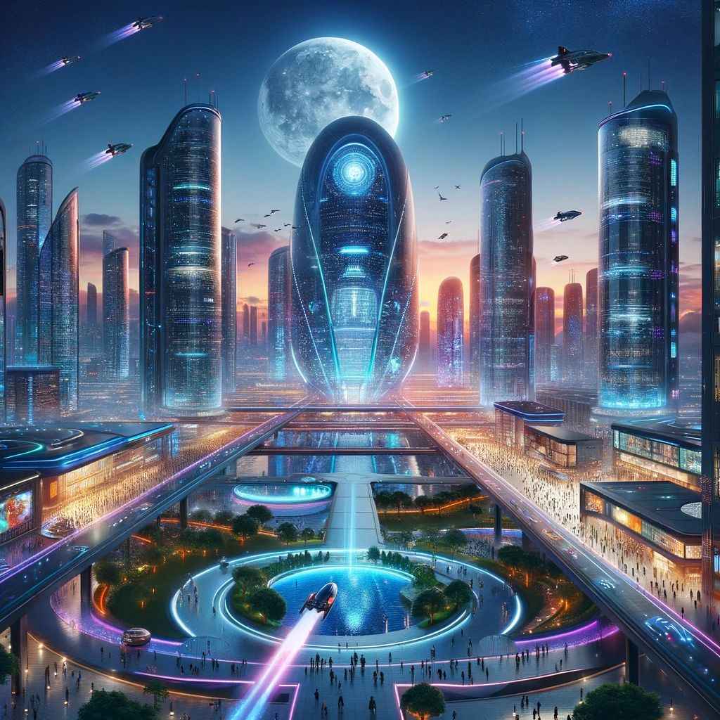 DALL·E 2024-01-20 18.15.38 - A futuristic cityscape at dusk, with neon lights reflecting off sleek skyscrapers and flying cars zooming between them. The sky is a gradient of deep