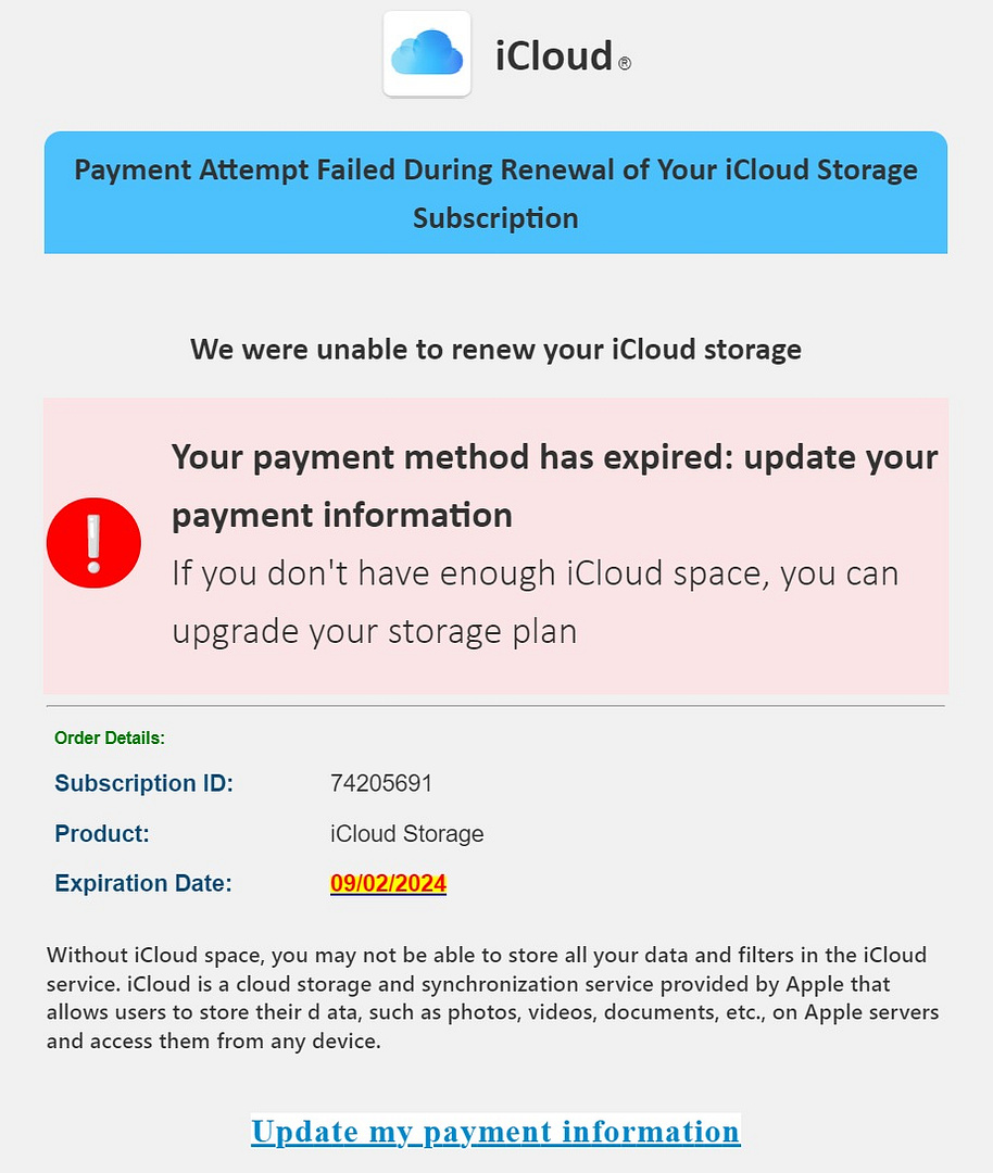 Payment Attempt Failed During Renewal of Your iCloud Storage Subscription