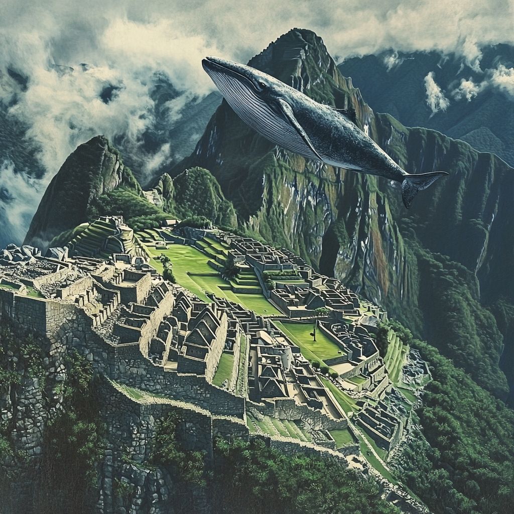 Whale flying over Machu Picchu ruins