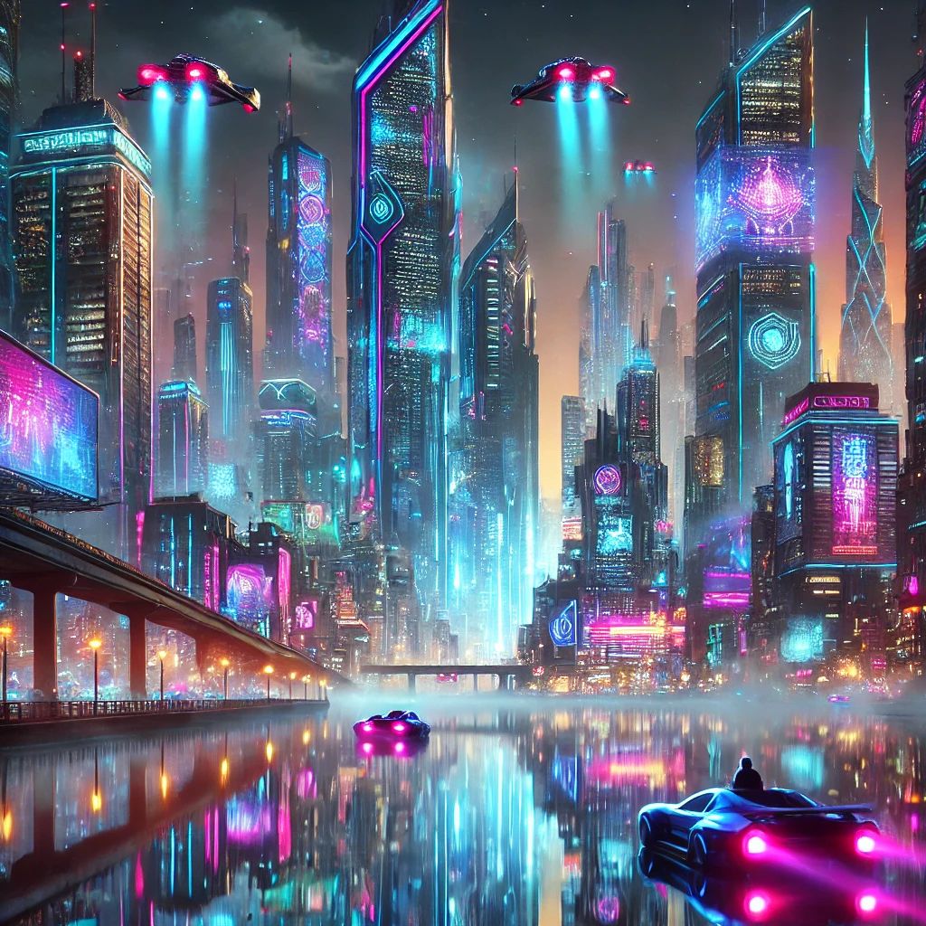 A futuristic cyberpunk city at night