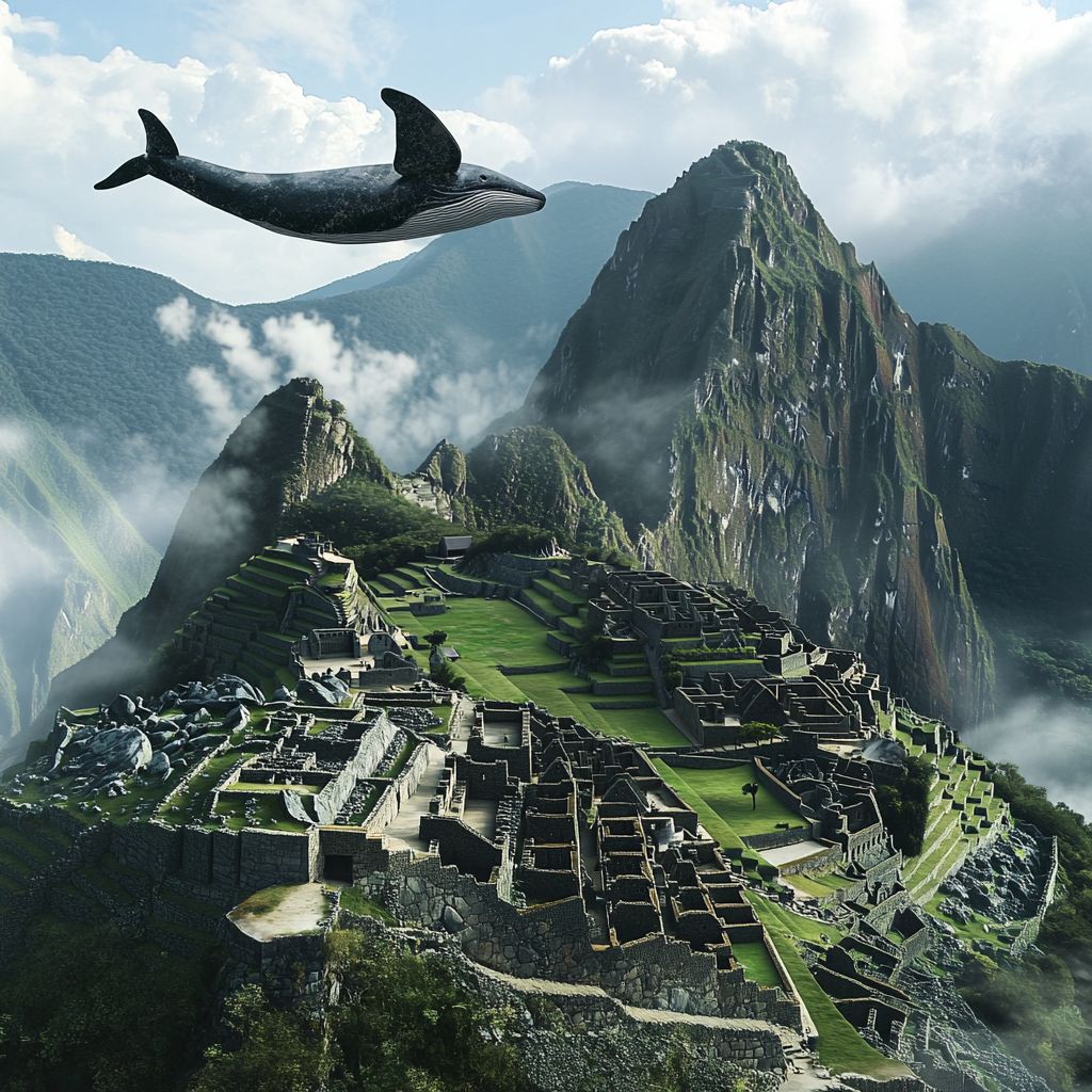 Whale flying over Machu Picchu ruins