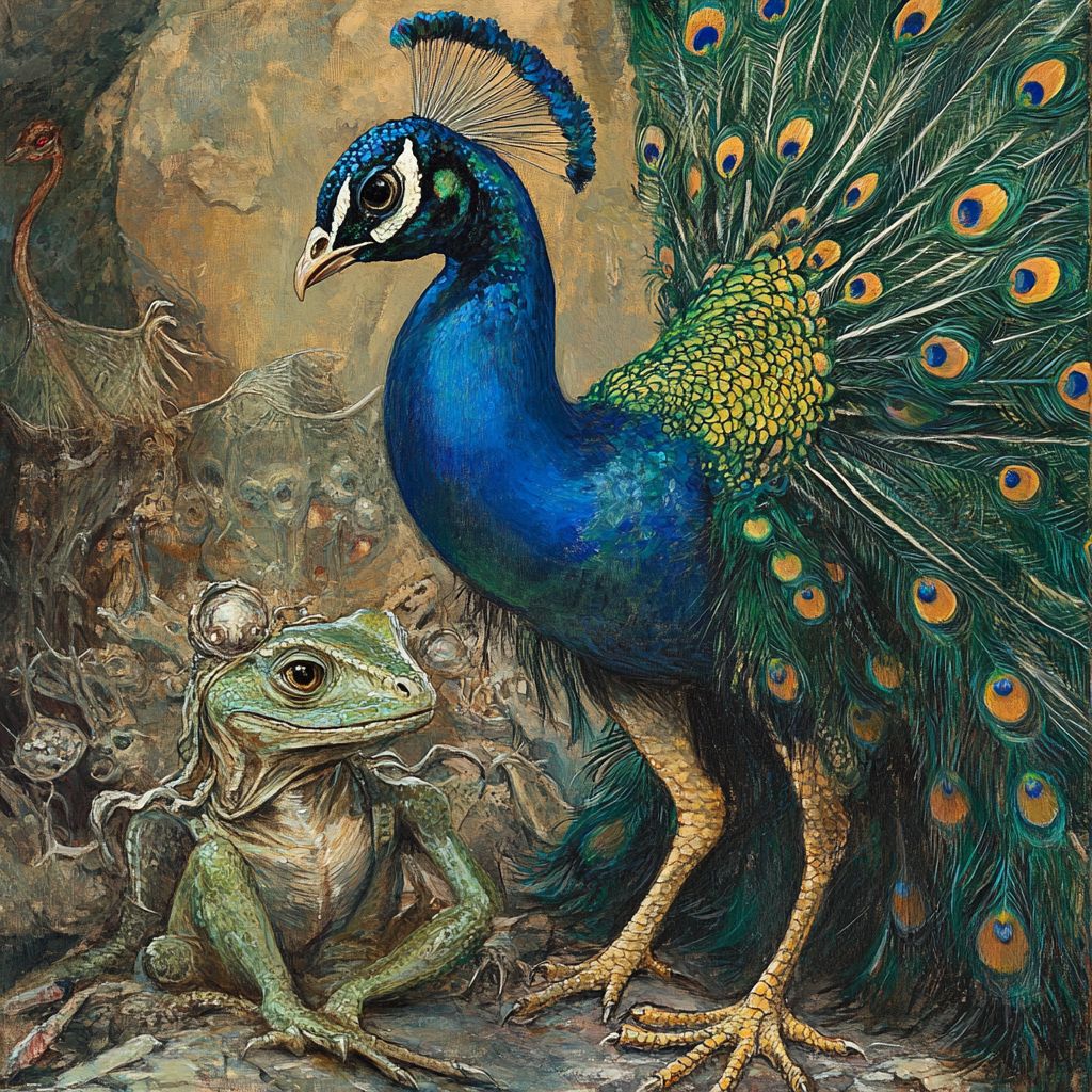 Peacock and lizard