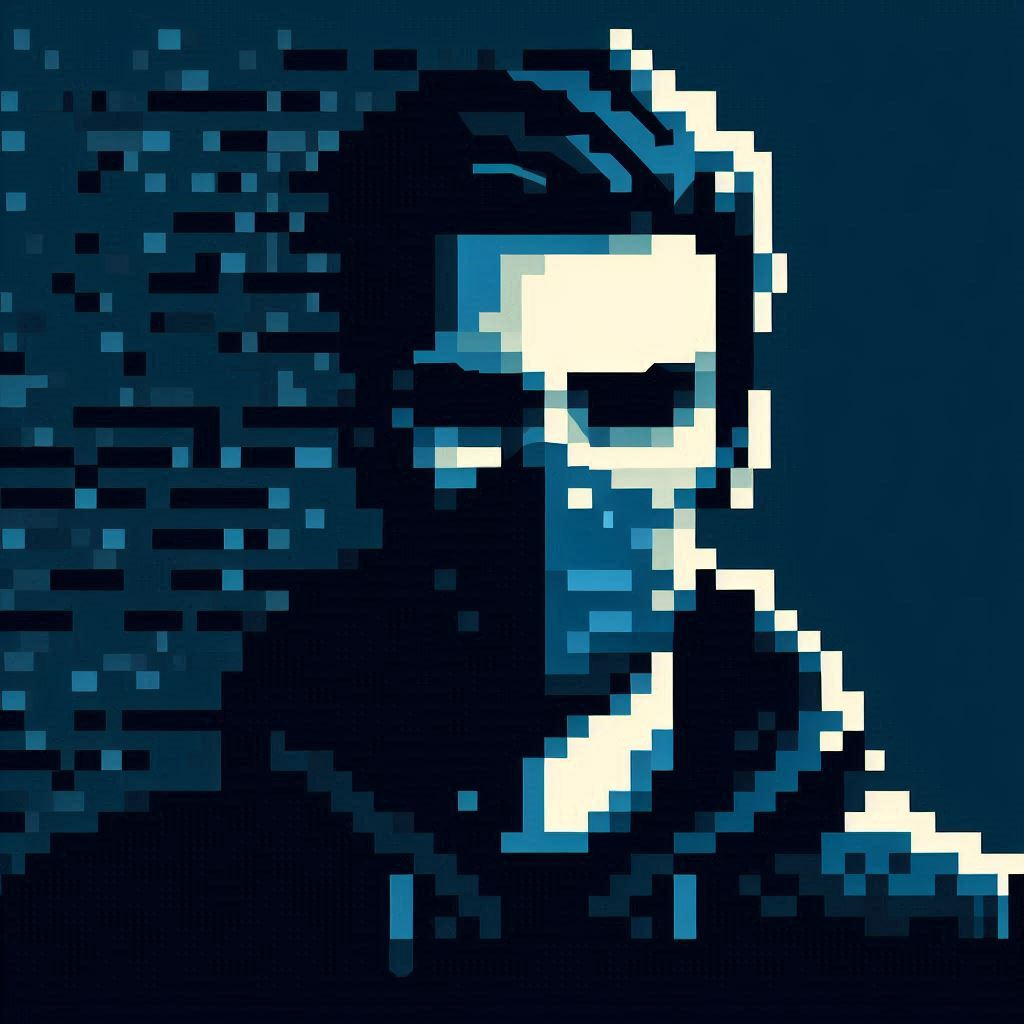 a pixelated person with a mask on a dark colored background (1)