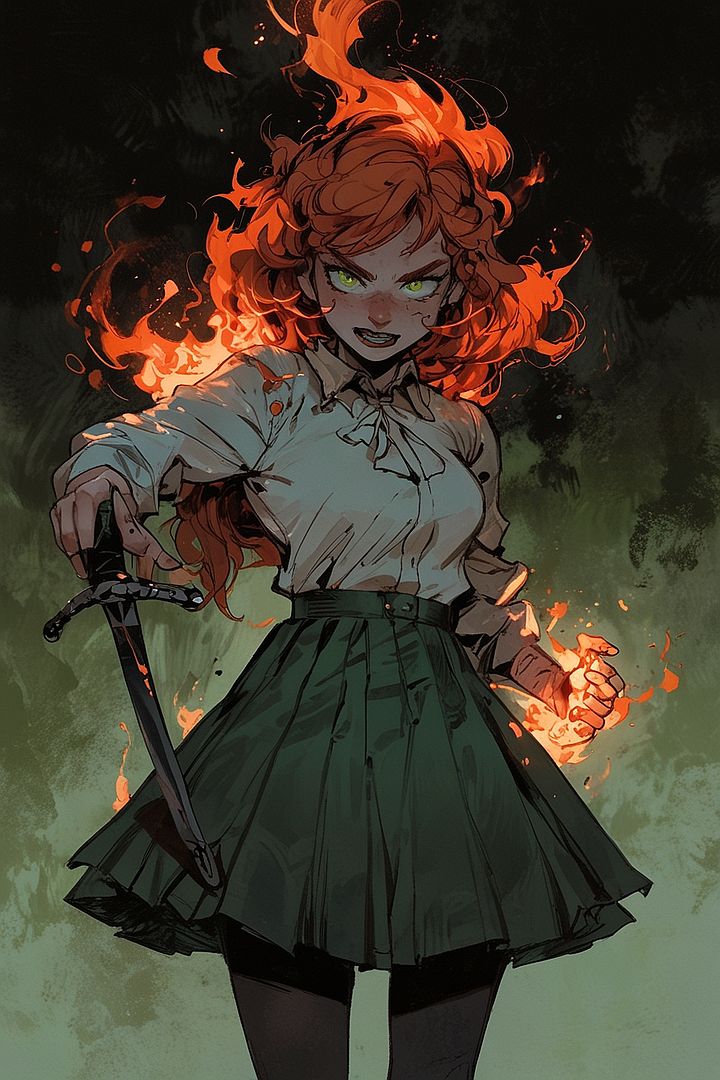 Ginger Woman with Sword and Fiery Hair