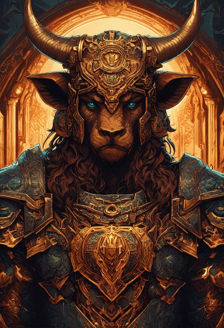 a close up of a minotaur wearing an amulet