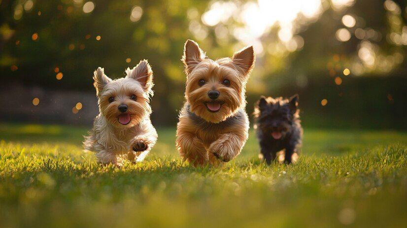 Close up of three yorkshire dogs