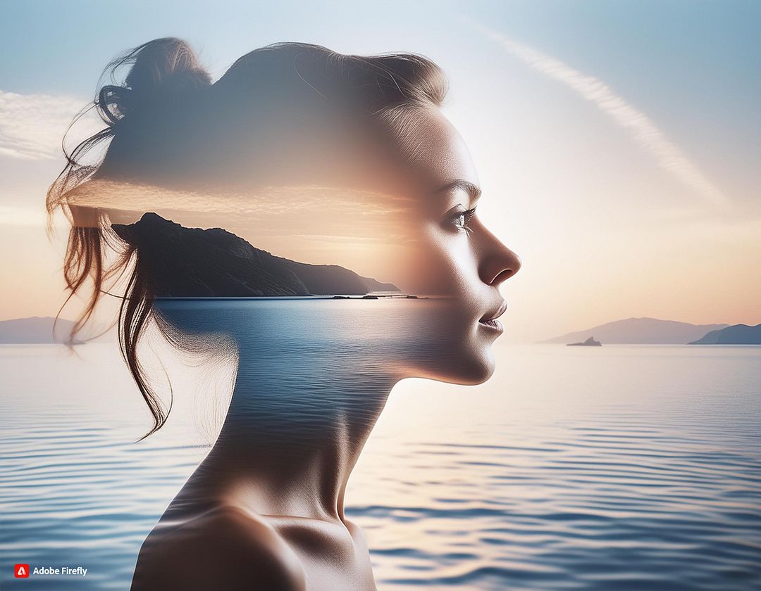 Double exposure photo of a silhouette profile of a young woman's head and a serene seascape, (5)