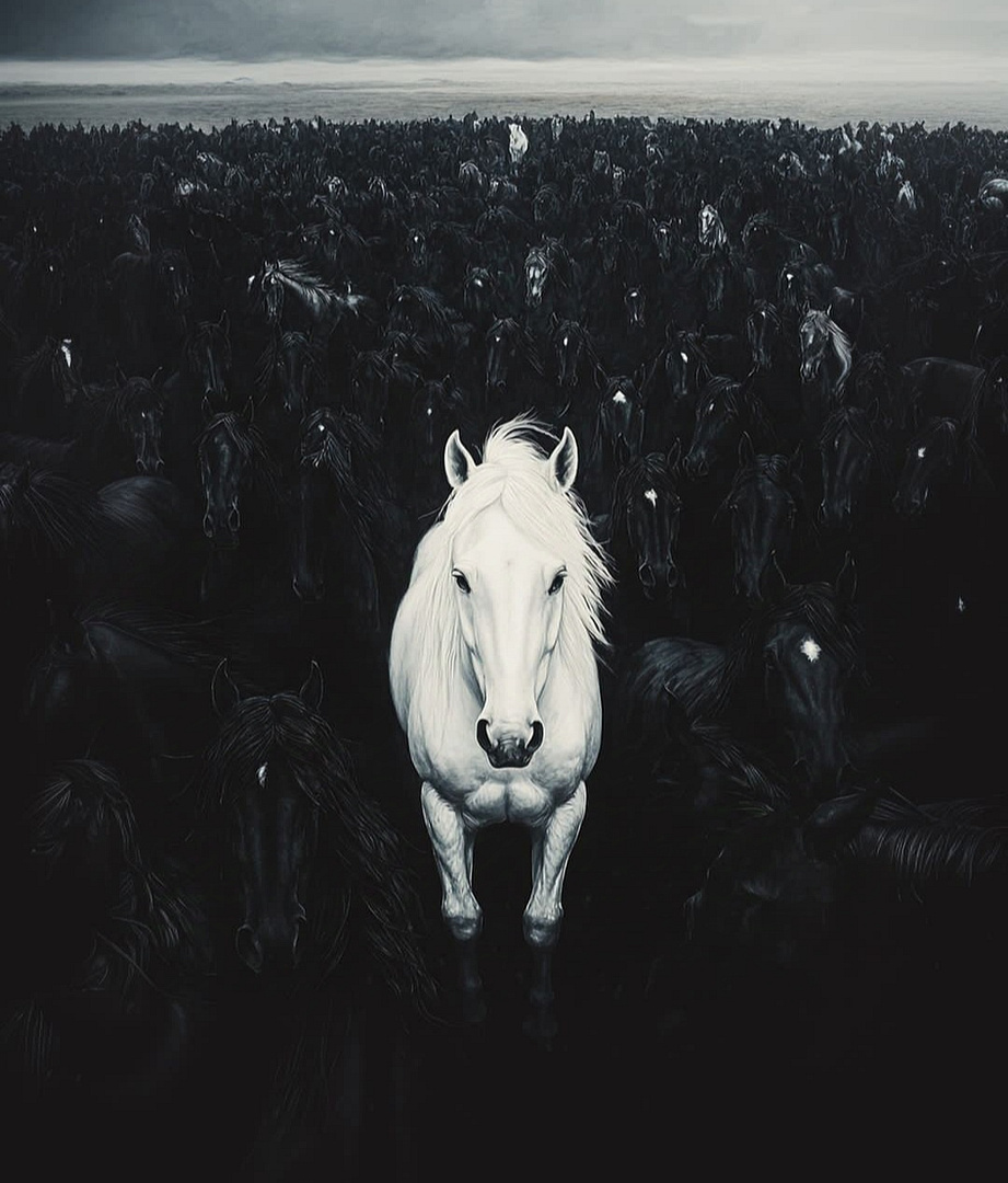 A white horse among other dark horses