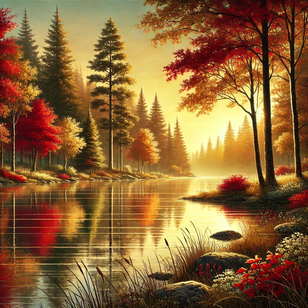 DALL·E 2024-07-15 10.48.51 - A digital artwork of a serene autumn landscape featuring a peaceful lake surrounded by colorful trees with leaves in shades of red, orange, and yellow