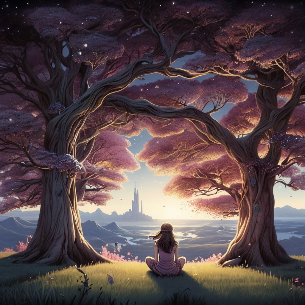 girl sit under the pink tree