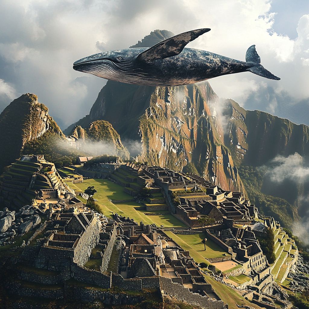 Whale flying over Machu Picchu ruins