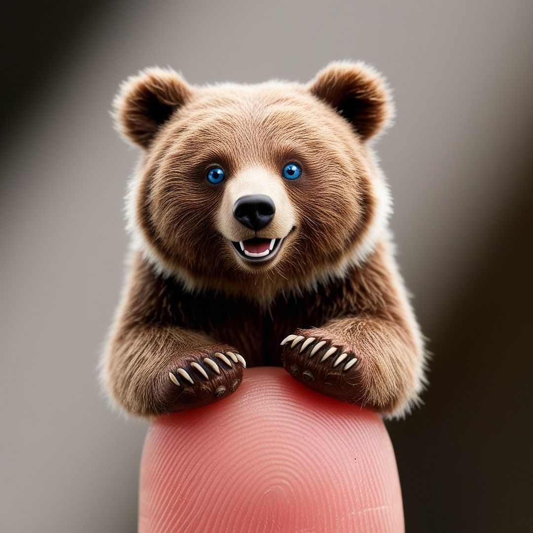 smiling grizzly bear with striking blue eyes