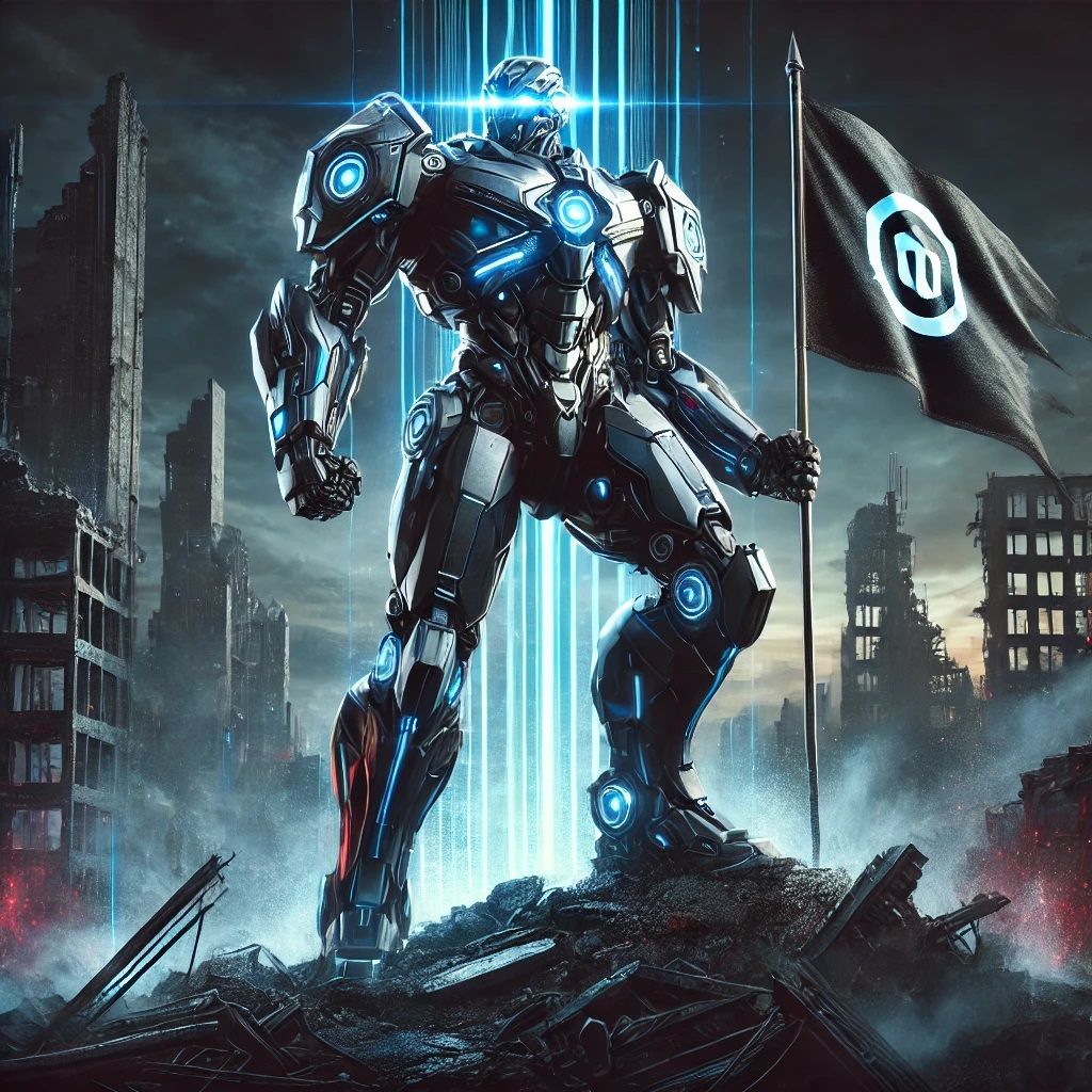 A powerful robot with a sleek, futuristic design standing atop a ruined city, symbolizing its conquest over the world