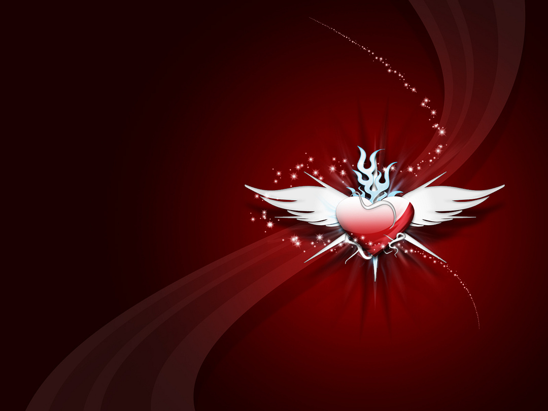 The image shows a logo with a red background and white wings.