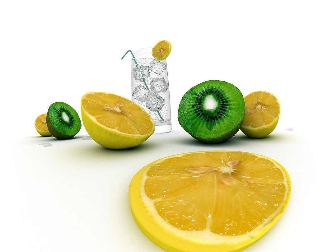 The image shows several slices of lemon and a glass with a drink.  Ingredients:  kiwi — 3 pcs.; lemon juice — 1 pc.; sugar — 3 tbsp. l.; ice — to taste;  mint — to taste.  Preparation:  Cut the kiwi into halves and peel, remove the pulp with a spoon. Cut the kiwi into pieces. 2 Cut the lemon in half, having previously rolled it out on the table, pressing on it to make it easier to squeeze out the juice. Squeeze the lemon juice. Strain the juice through a sieve.  Add the kiwi slices, lemon juice and sugar to the blender bowl. Whisk to make a puree. Then rub the kiwi puree through a sieve.  Add ice to the glasses. Add 3 tablespoons of kiwi puree each. Fill it with sparkling water. Stir with a straw. You can decorate with kiwi slices and mint leaves.