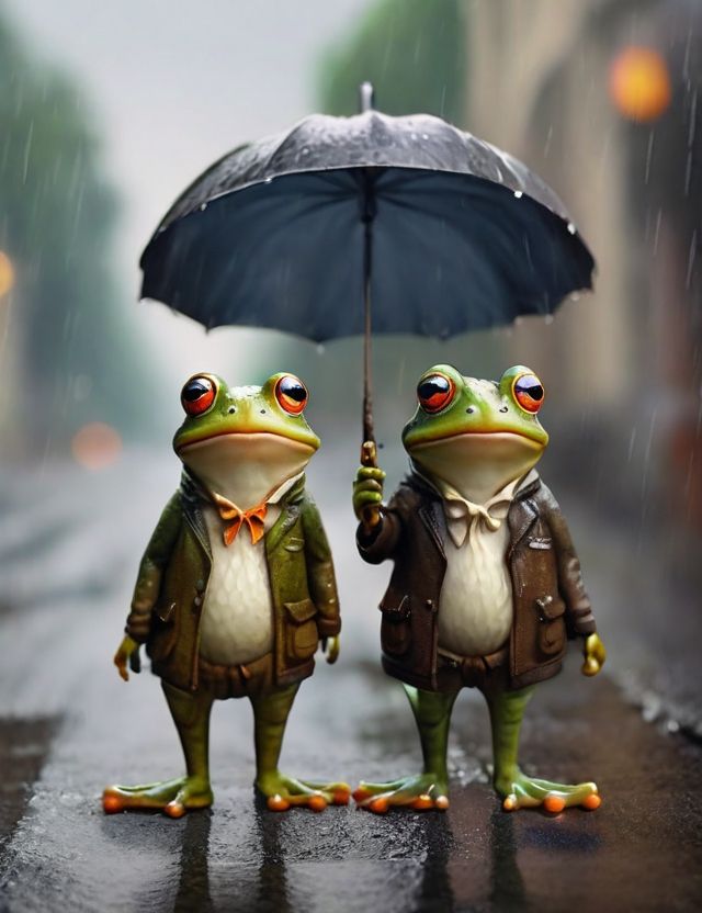 Two Frog Wailking In The Rainy Road