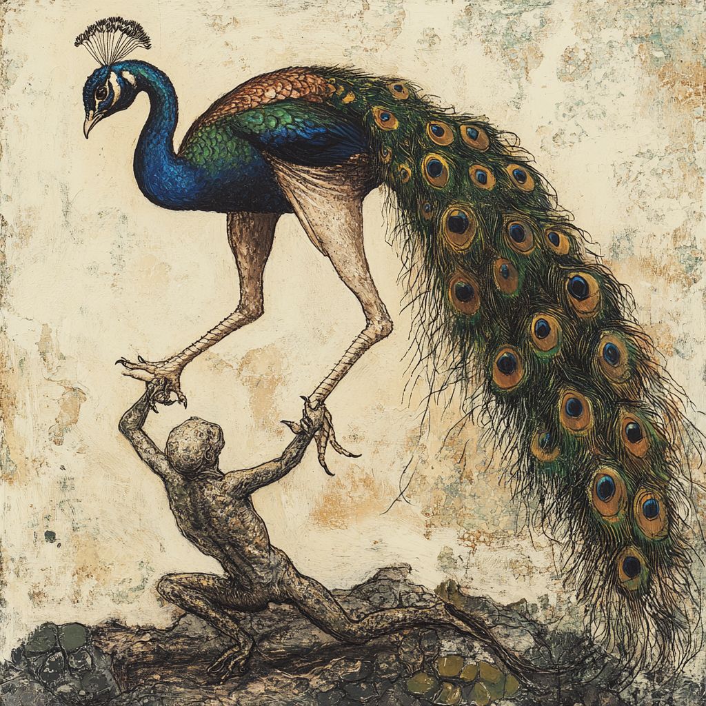 Peacock & lizard man