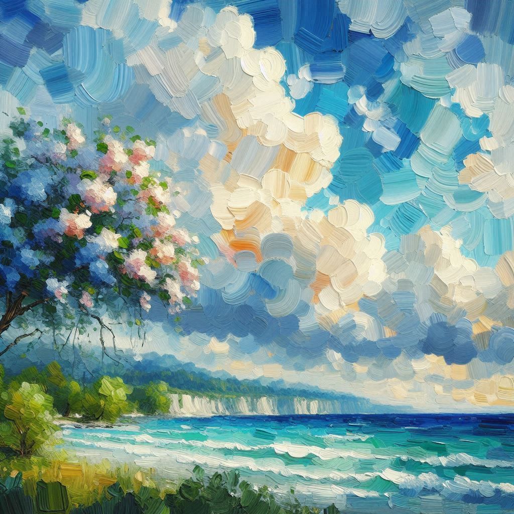 Impressionist style painting of a wide sky filled with vibrant clouds blooming in the foreground