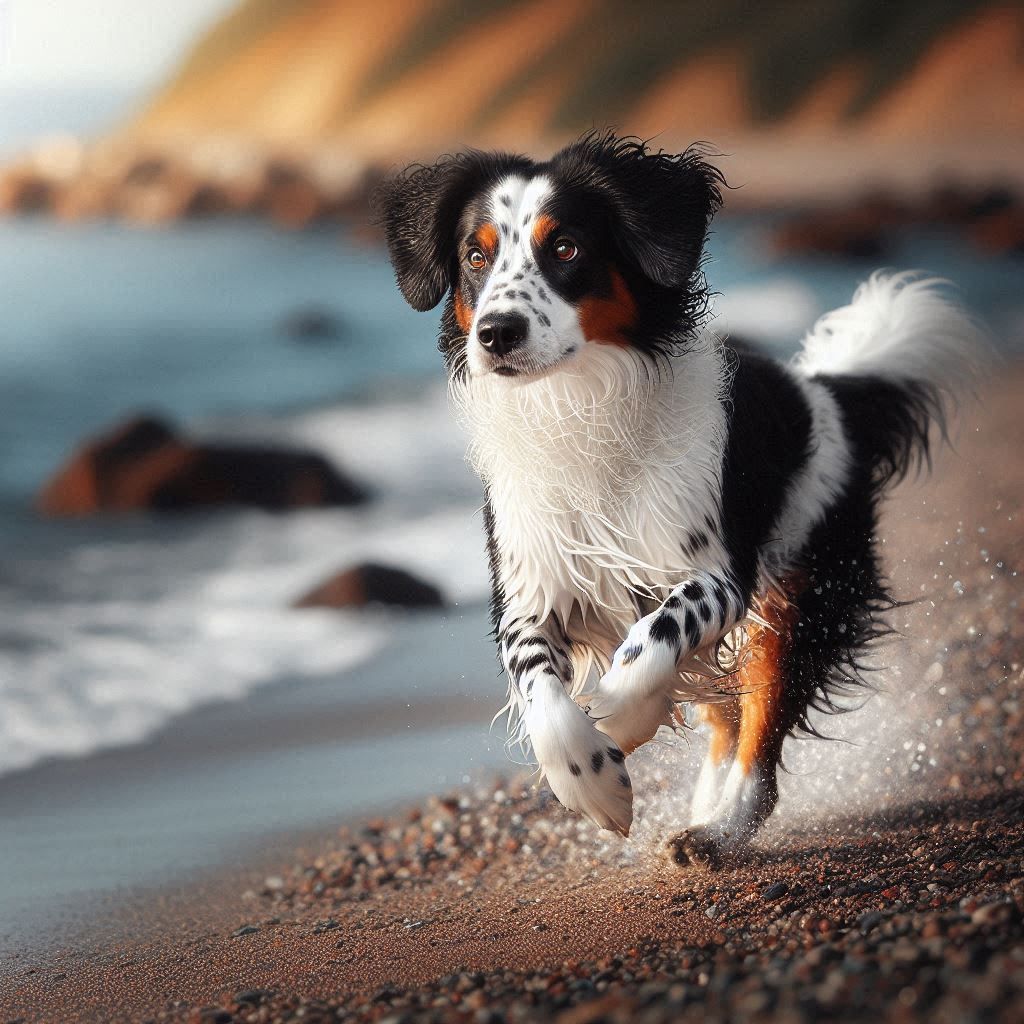 piebald dog running by the edge of the sea