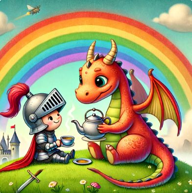 32_A Dragon and a Knight Having Tea Under the Rainbow