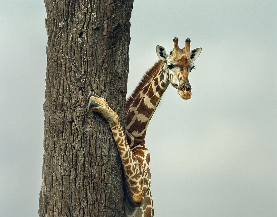 A giraffe trying hard to climb a tree