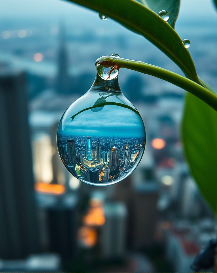 City reflected in raindrops