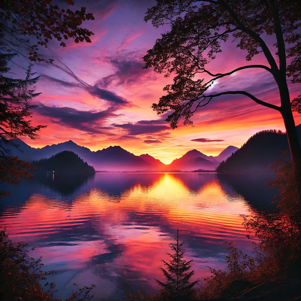 A stunning sunset over a tranquil lake with mountains in the background, reflecting hues of orange, pink, and purple