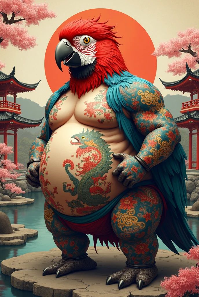 A tattooed sumo wrestler parrot