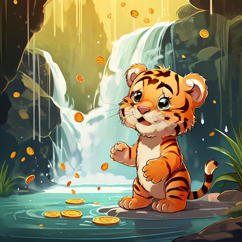 A cartoon of a baby tiger looking at coins in front of a waterfall